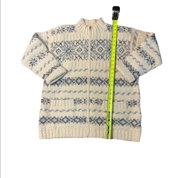 Vintage Hand Knit Jones NY Wool Cardigan Sweater PL Cream Blue  Zip Pockets - Picture 3 of 9